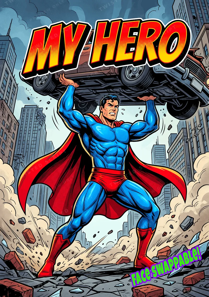 Comic book style illustration of a superhero, similar to Superman, lifting a car above his head with a city background