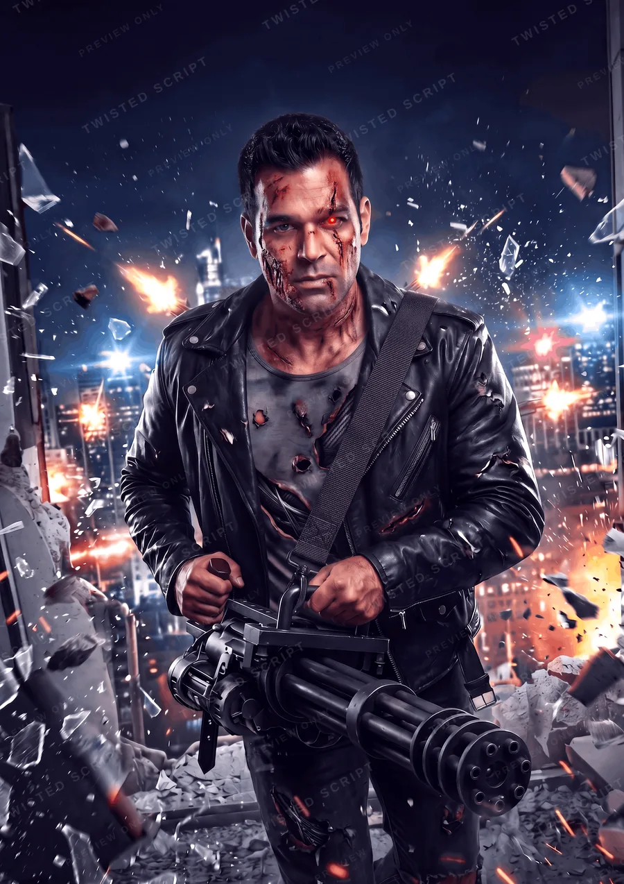 Gritty action hero, resembling the Terminator, holding a large minigun amidst shattered glass and explosions in a futuristic city