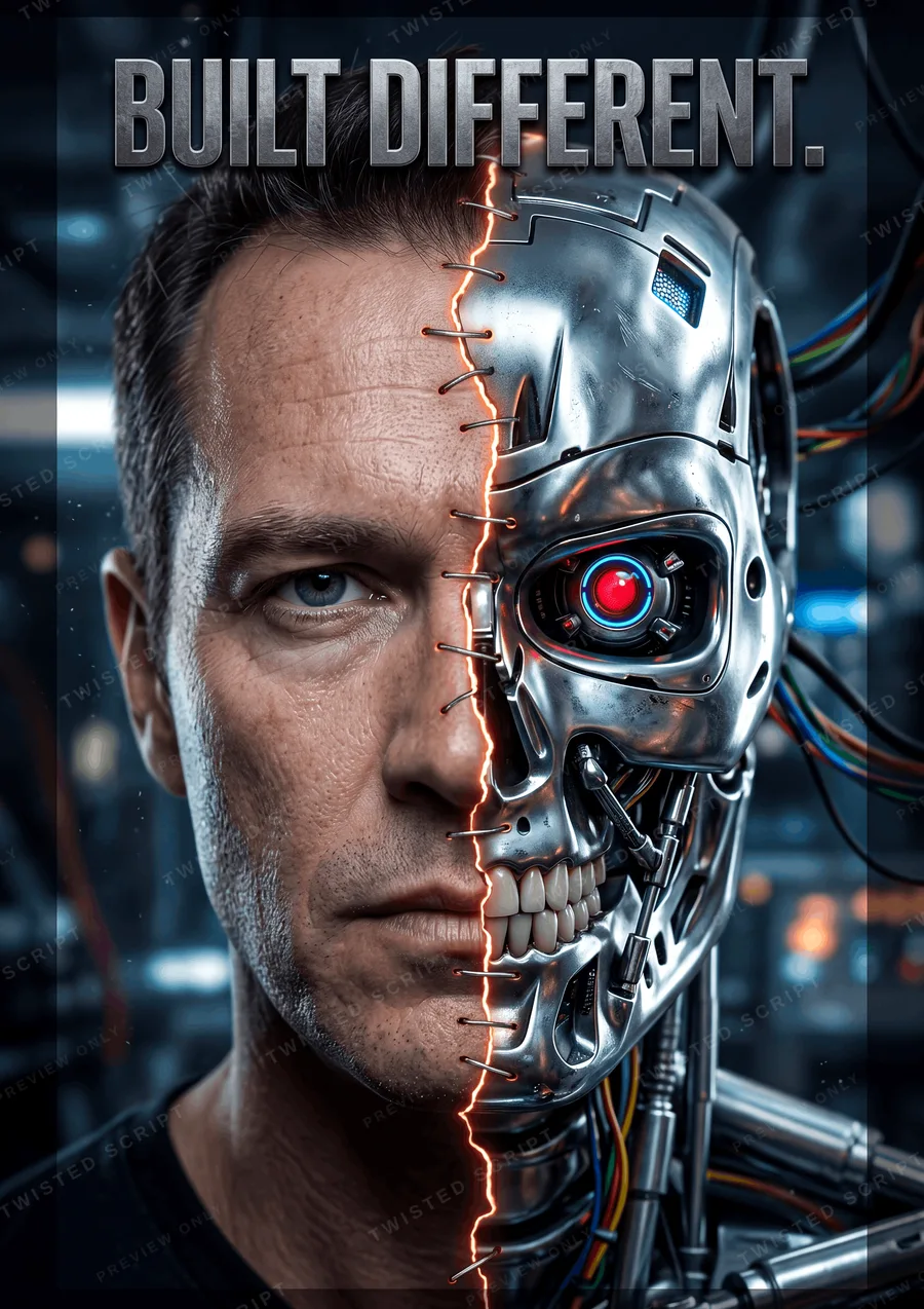 Close-up of a man's face, half human and half cyborg with visible metallic skull and glowing red eye, with the text 'BUILT DIFFERENT'