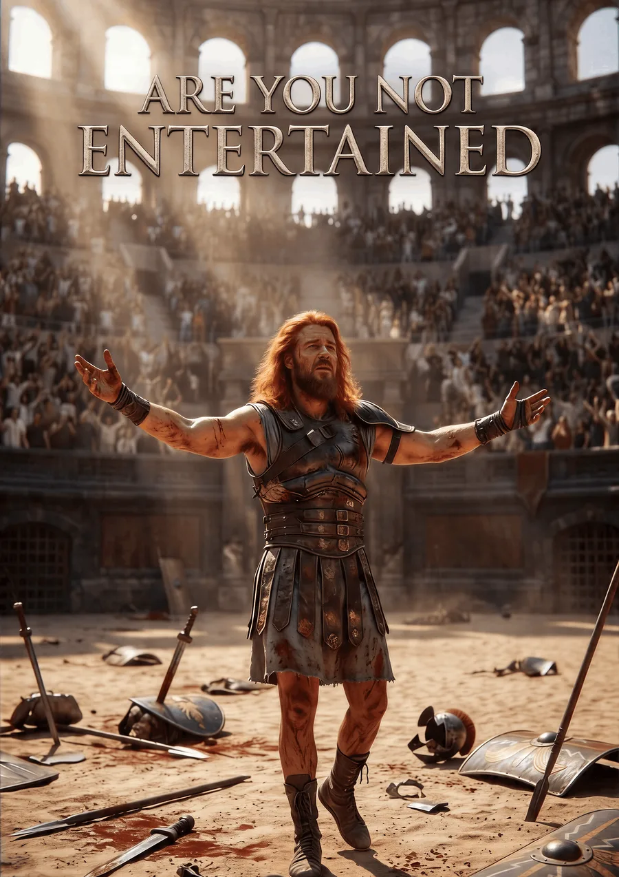 A powerful gladiator standing in a sunlit arena, arms outstretched, surrounded by cheering crowds and scattered weapons